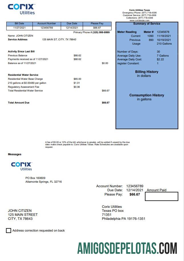 realista Modelo de fatura de serviços públicos Corix dos EUA em formato Word e PDF